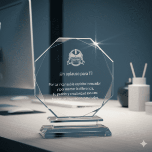 Reconocimiento en vidrio con base de vidrio – Modelo Octágono (15.5x15.5 cm)