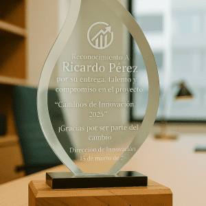 Reconocimiento en vidrio con base de madera – Modelo Llama (13x18 cm)