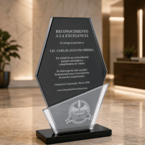 Reconocimiento en vidrio negro ahumado hexagonal con doble vidrio y grabado laser personalizado